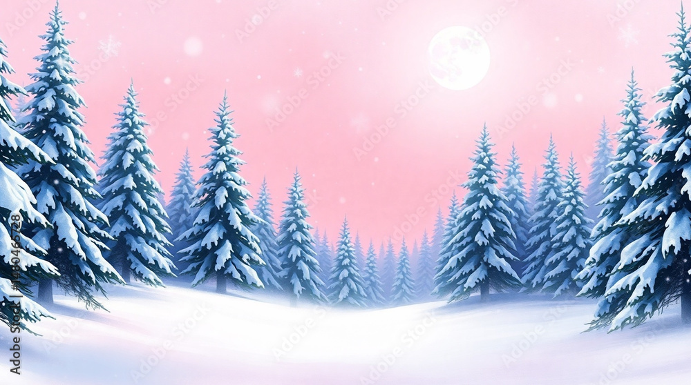 Fototapeta premium Snowy Winter Forest at Dusk, Pink Sky and Pine Trees Scenic Landscape Background. Generative AI 