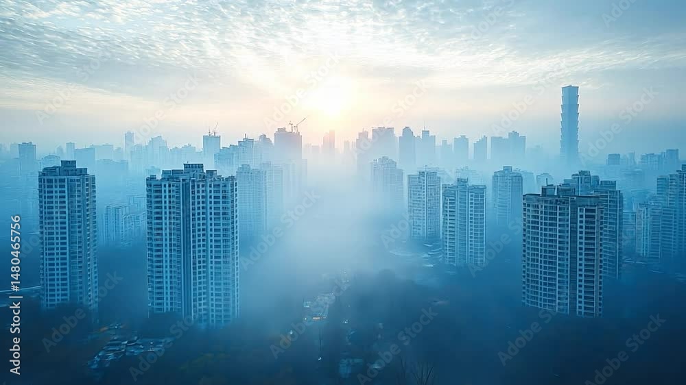 Cityscape in the Mist: An expansive cityscape is shrouded in a thick, ethereal mist, with the sun's rays gently piercing through, casting a soft glow over the modern architecture. Cityscape in the Mist: An expansive cityscape is shrouded in a thick, ethereal mist, with the sun's rays gently piercing through, casting a soft glow over the modern architecture.