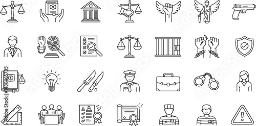 Law and Justice Line Editable Icons set. Vector illustration in modern thin line style of judicial system related icons: judge, jury, lawyer, defendant, crime, and more.
