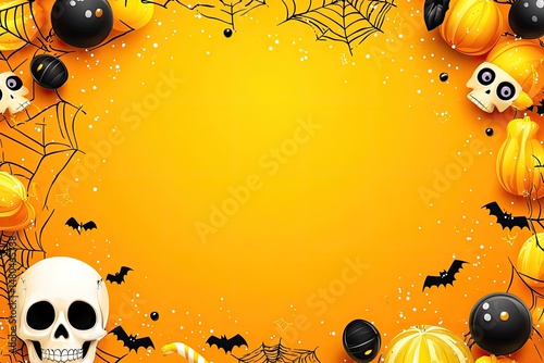 Halloween themed orange background with spooky decorations.  A frame of pumpkins, skulls, bats, spiderwebs, and candy corn creates a festive atmosphere