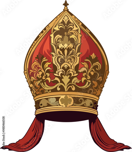 Royal Red and Gold Papal Mitre with Draped Tails – Ornate Vector Illustration of Catholic Bishop Hat