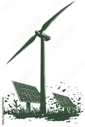 Eco-friendly energy illustration featuring wind turbine and solar panel