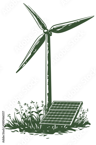 Eco-friendly energy illustration featuring wind turbine and solar panel