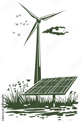 Eco-friendly energy illustration featuring wind turbine and solar panel