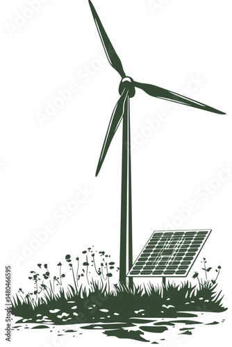 Eco-friendly energy illustration featuring wind turbine and solar panel