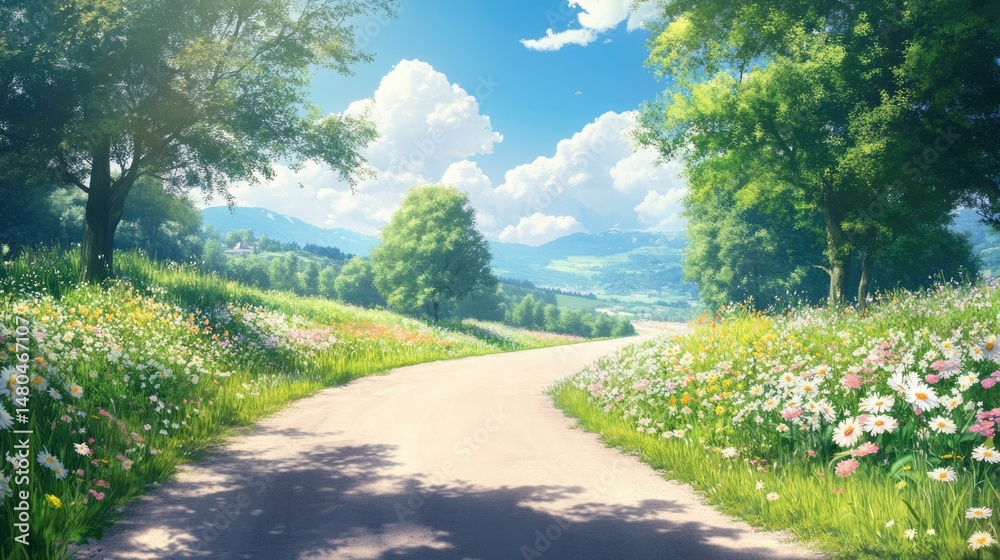 Obraz premium Sunny Spring Road through Wildflower Meadow, Picturesque Landscape