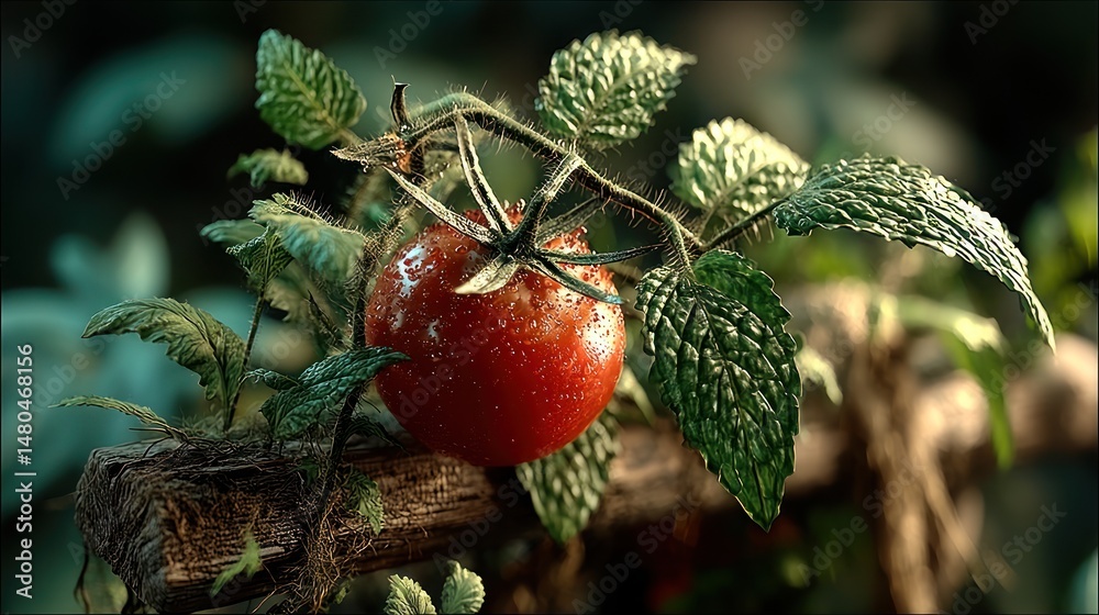 Obraz premium Vibrant tomato on vine with lush green leaves