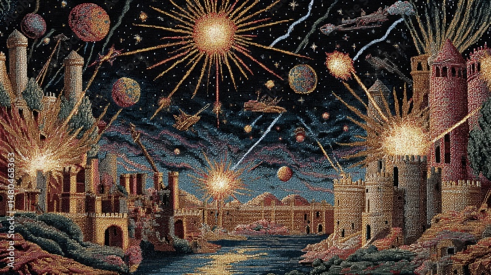 Naklejka premium Futuristic spaceships are attacking a medieval fortified city with explosions and planets visible in the night sky, creating a surreal and fantastical scene of science fiction and fantasy