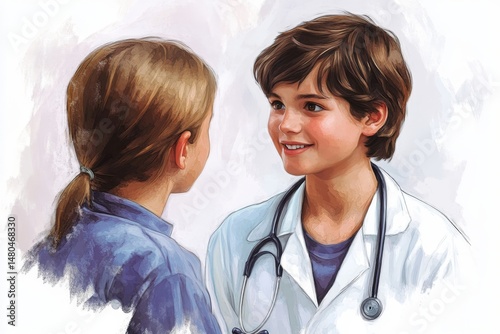 A young boy dressed as a doctor smiles and interacts with another young child in a close-up shot, embodying the spirit of caring, and aspiration.