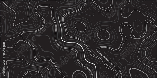 "Design a seamless dark-themed abstract background featuring topographic contour lines. Use flowing, organic shapes with varying line thickness in shades of gray on a black backdrop to create a sense 