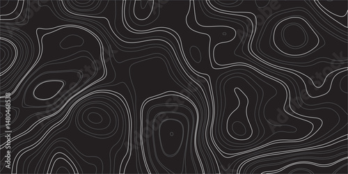 "Design a seamless dark-themed abstract background featuring topographic contour lines. Use flowing, organic shapes with varying line thickness in shades of gray on a black backdrop to create a sense 