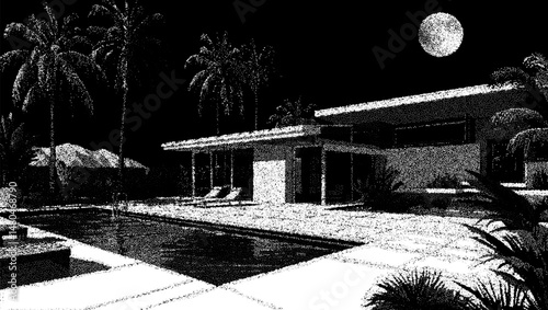 Mid-century modern hotel courtyard with swimming pool in retro dotwork illustration style, full moon night scene
