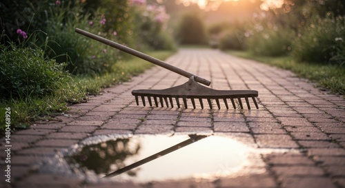 Rake resting on garden path (Photo)