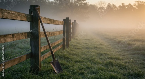Misty Morning Fence and Shovel - Photo