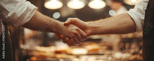 A close-up shot captures the essence of a successful partnership, two hands clasped together in a firm handshake, symbolizing a deal or agreement within a professional environment.