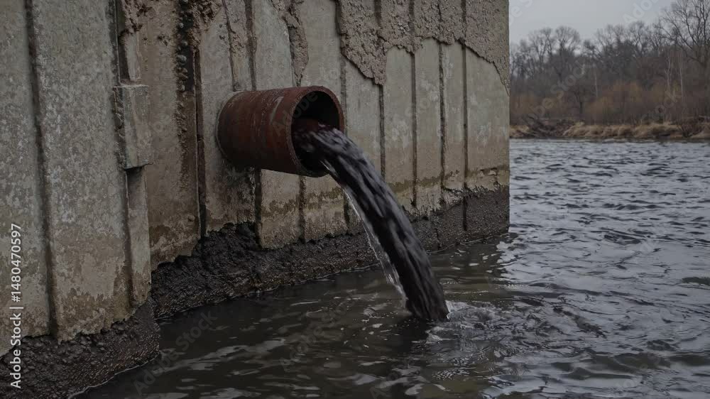 Pollution de l'Eau, Déversement d'Eaux Usées Sales d'un Tuyau dans un Lac, Concept de Contamination Environnementale, Vidéo en Boucle