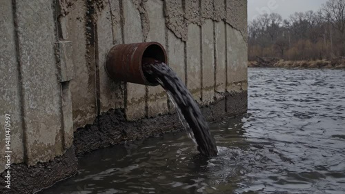 Pollution de l'Eau, Déversement d'Eaux Usées Sales d'un Tuyau dans un Lac, Concept de Contamination Environnementale, Vidéo en Boucle
