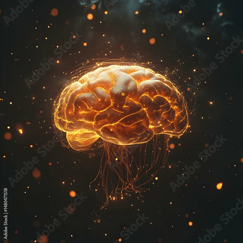 Complex interplay of thought and emotion represented by a glowing brain floating in a dark space surrounded by swirling particles