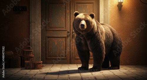 Grizzly Bear in Front of Door Illustration