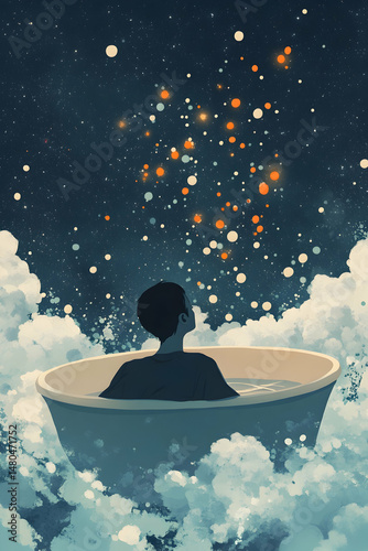 Person sits in a bathtub surrounded by clouds and stars, contemplating the vast universe full of endless possibilities and dreams