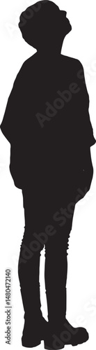  vector silhouette side back view of adult woman standing looking up