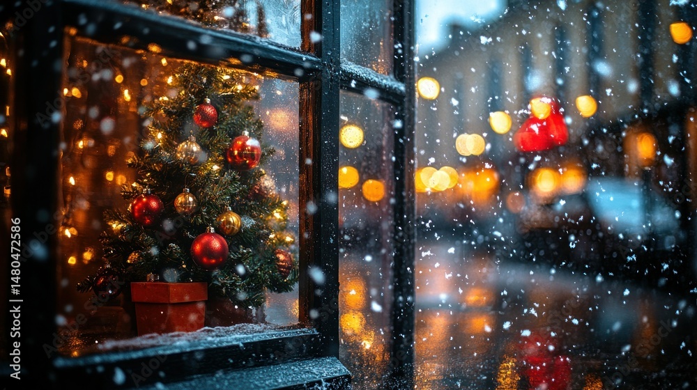 Cozy Christmas window display in the snow Cozy Christmas window display in the snow