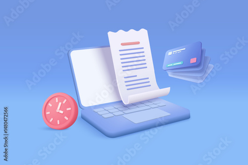 3D business invoice transaction for payment on laptop with clock alert notification. Business using invoice bill, transaction with credit card concept. 3d receipt vector icon render illustration