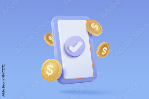 3D money payment transfer money system online payment concept, Bundles cash and saving coins exchange with mobile phone banking. 3d smartphone and cashless society with vector render illustration