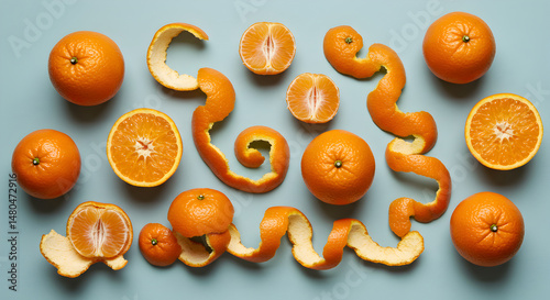 Creative Layout With Whole And Sliced Mandarins Oranges And Zest Peels