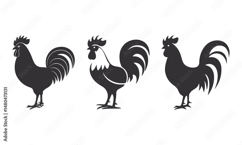 Fototapeta premium Black & White Rooster Silhouettes - Farm Animal Art