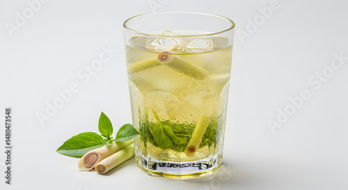 Refreshing Lemongrass Infusion Aromatic Beverage In A Glass On White Background