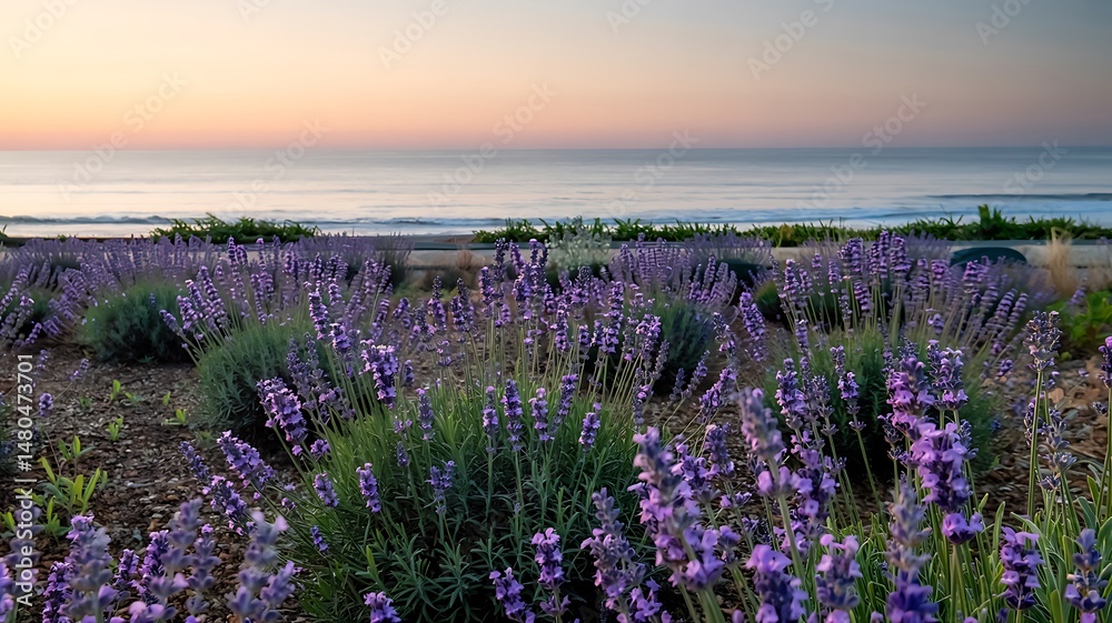 Fototapeta premium Scenic lavender field meets the ocean under a pastel sunrise sky, creating tranquility