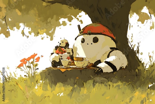Robot tea party under shady tree