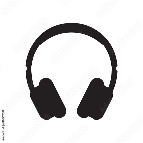 Simple black headphones silhouette graphic white background.