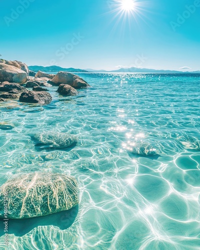 Sunlit turquoise water laps gently against smooth rocks on a serene beach