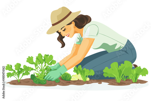 Happy Gardener Cultivating Organic Greens in Summer