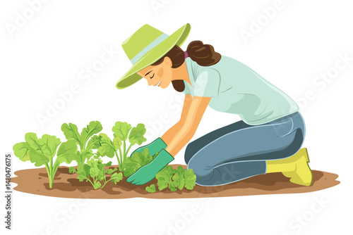 Happy Gardener Cultivating Organic Greens in Summer