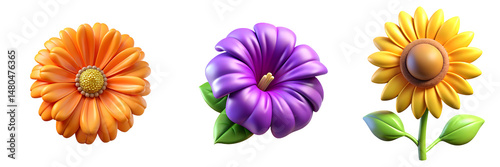 A 3d petunia, sunflower, and orange calendula flower isolated on a transparent background