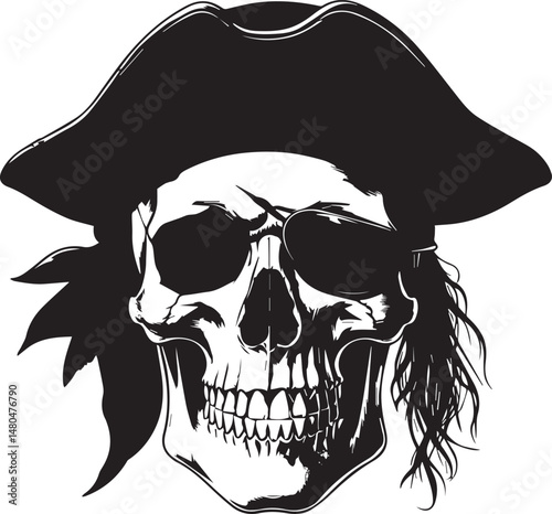 Pirate skull wearing hat and eyepatch black and white