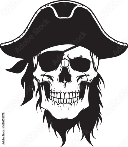 Pirate skull wearing hat and eyepatch black and white