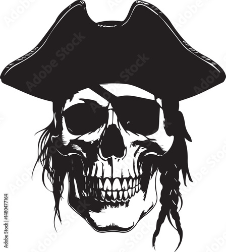 Pirate skull wearing hat and eyepatch black and white