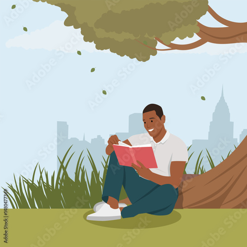 Man enjoys a relaxing moment reading a book under the shade of a tree in a serene park. Flat vector illustration isolated on white background