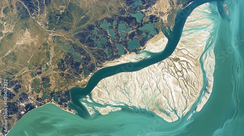 Satellite view of a river delta with intricate waterways, sandbars, and coastal wetlands, showcasing the natural patterns and sediment deposits in an estuarine environment.