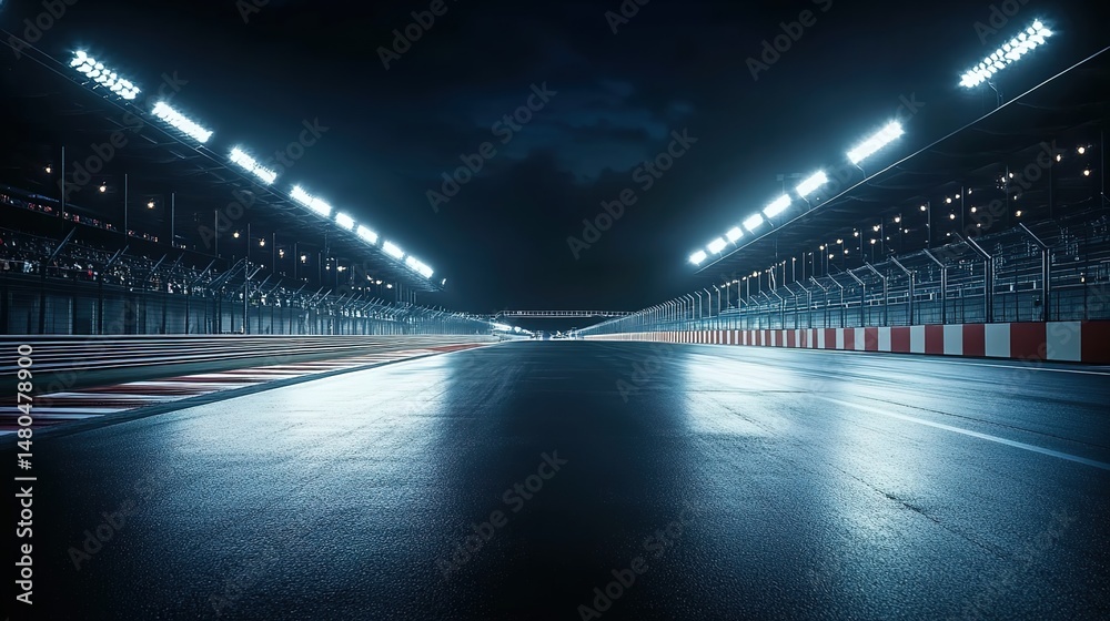 Fototapeta premium Empty Race Track at Night with Bright Floodlights