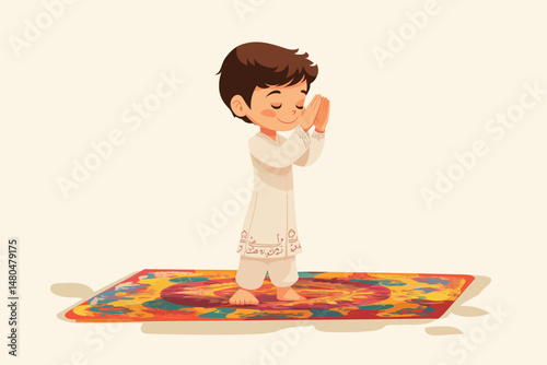 Child Practicing Prayer on Colorful Prayer Rug
