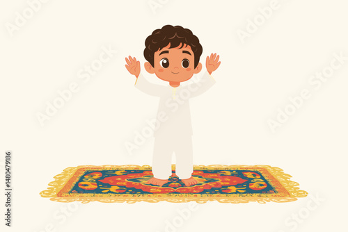 Child Practicing Prayer on Colorful Prayer Rug