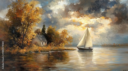 An idyllic scene unfolds before you, capturing the essence of tranquility with a quaint home, a sailboat, and a serene lake. The interplay of light and shadow paints a breathtaking panorama.