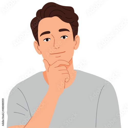 Thoughtful Young Man Contemplating with His Hand on His Chin in a Casual Setting