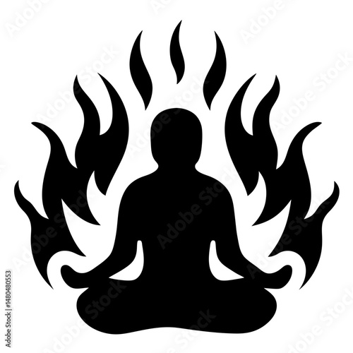 Silhouette of person meditating surrounded by flame like forms in black and white
