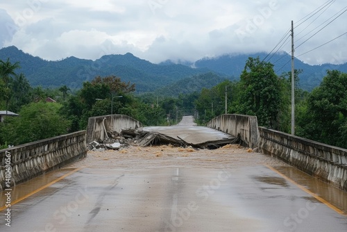 Damaged bridge after flood, road impassable